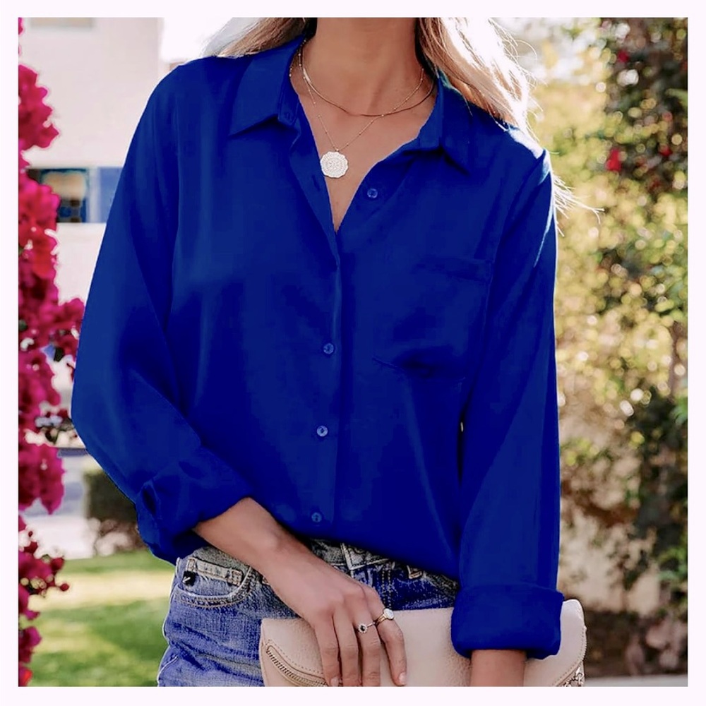 Mossimo Royal Blue Long Sleeve Blouse XS Loose Fitting Dressy Casual Sm-Med
